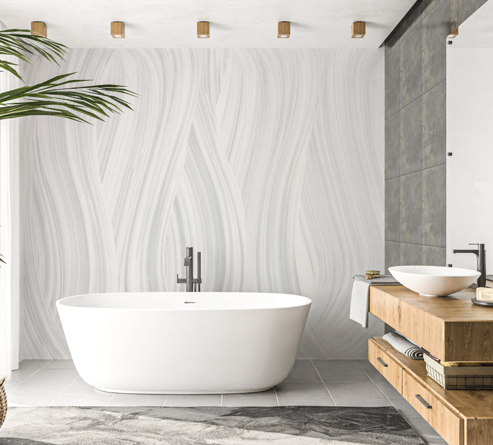 Modern living room with white flowing lines wallpaper creating a calm, sophisticated atmosphere