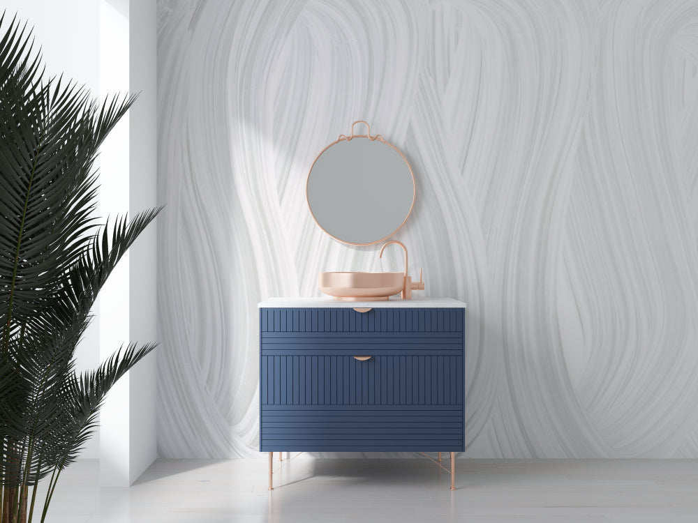 Dining area featuring abstract white lines wallpaper making the space feel larger