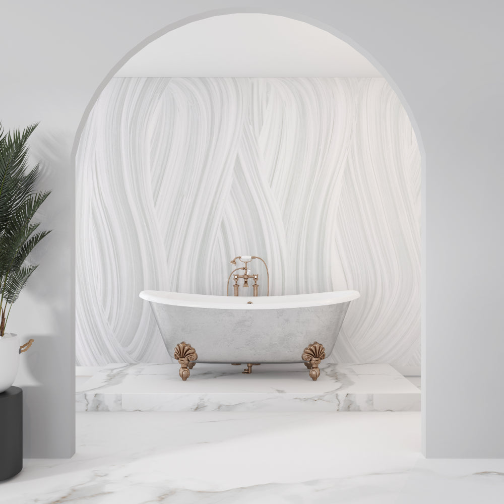 Bedroom with flowing lines wall mural adding soft movement to the walls