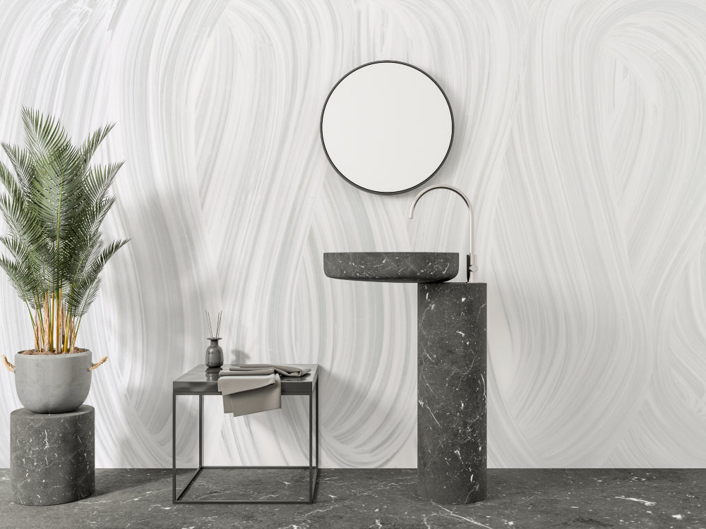 Home office space with white abstract wallpaper creating a fresh, clean look