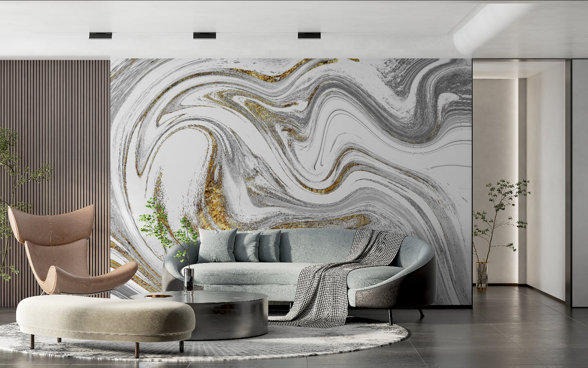 Abstract gold and white marble wallpaper brightening a home office space with natural light