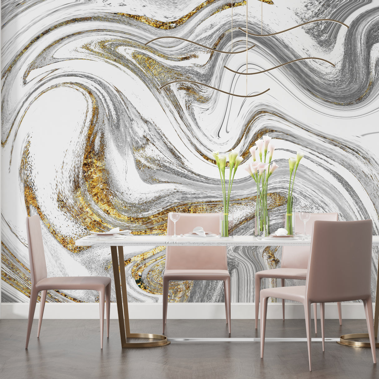 Gold and white marble wallpaper installation in modern entryway setting