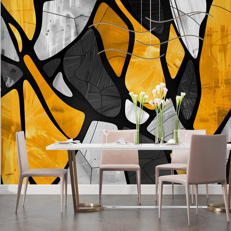 Yellow geometric wallpaper in modern living room showing bold abstract pattern