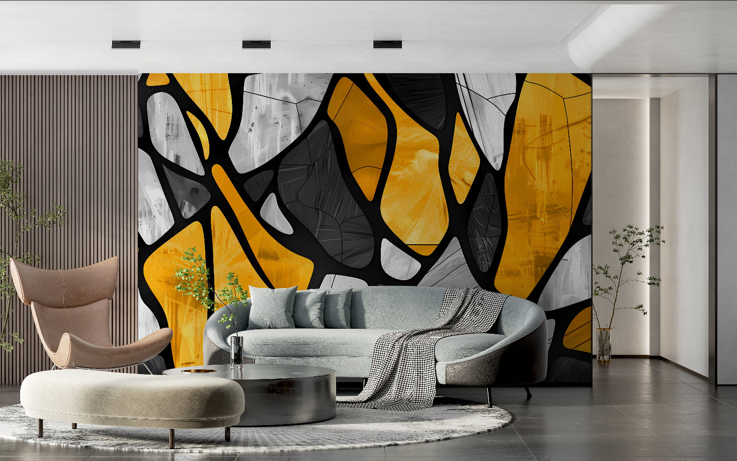 Contemporary home office featuring yellow and black geometric wall mural