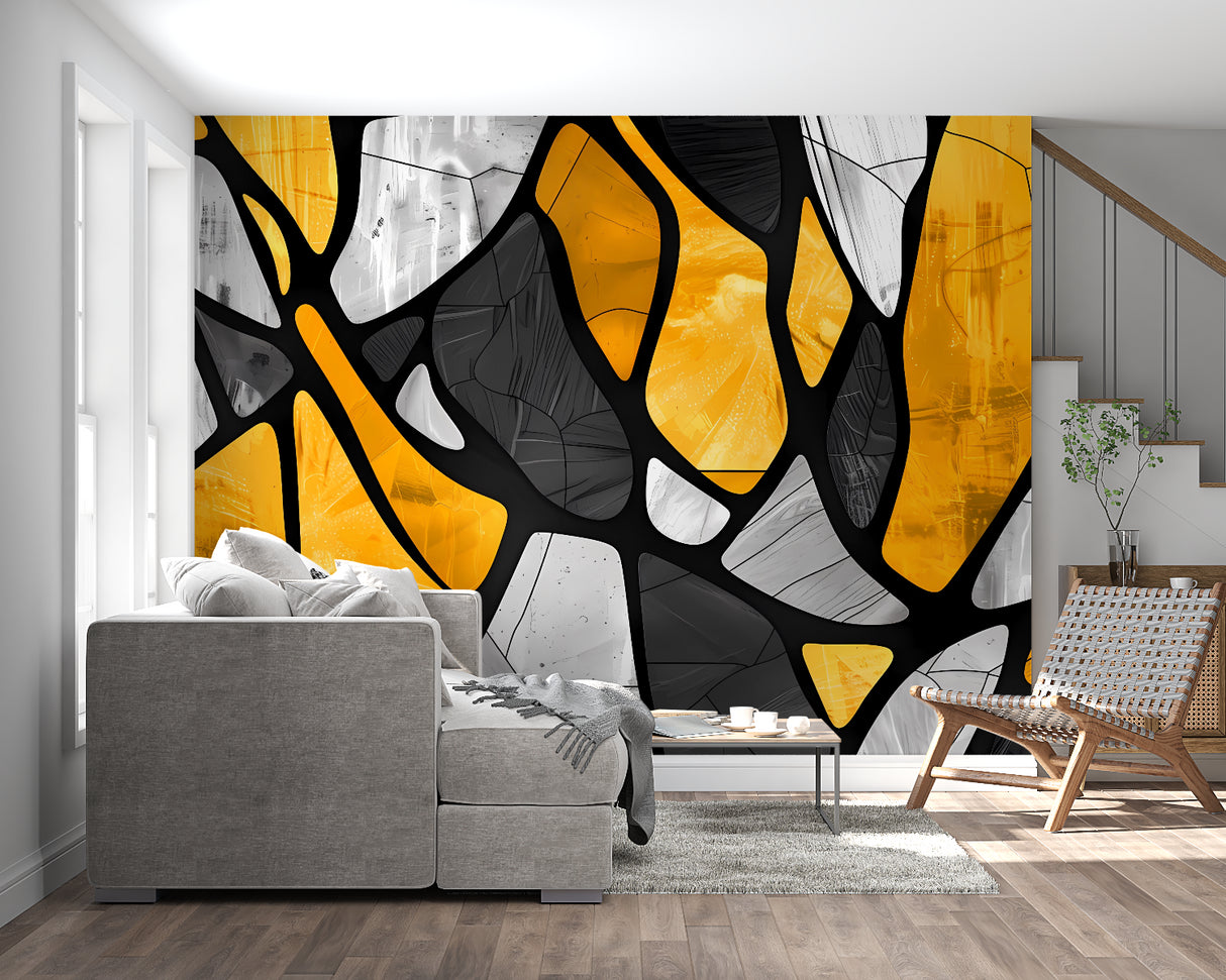 Yellow abstract wall mural in minimalist bedroom setting