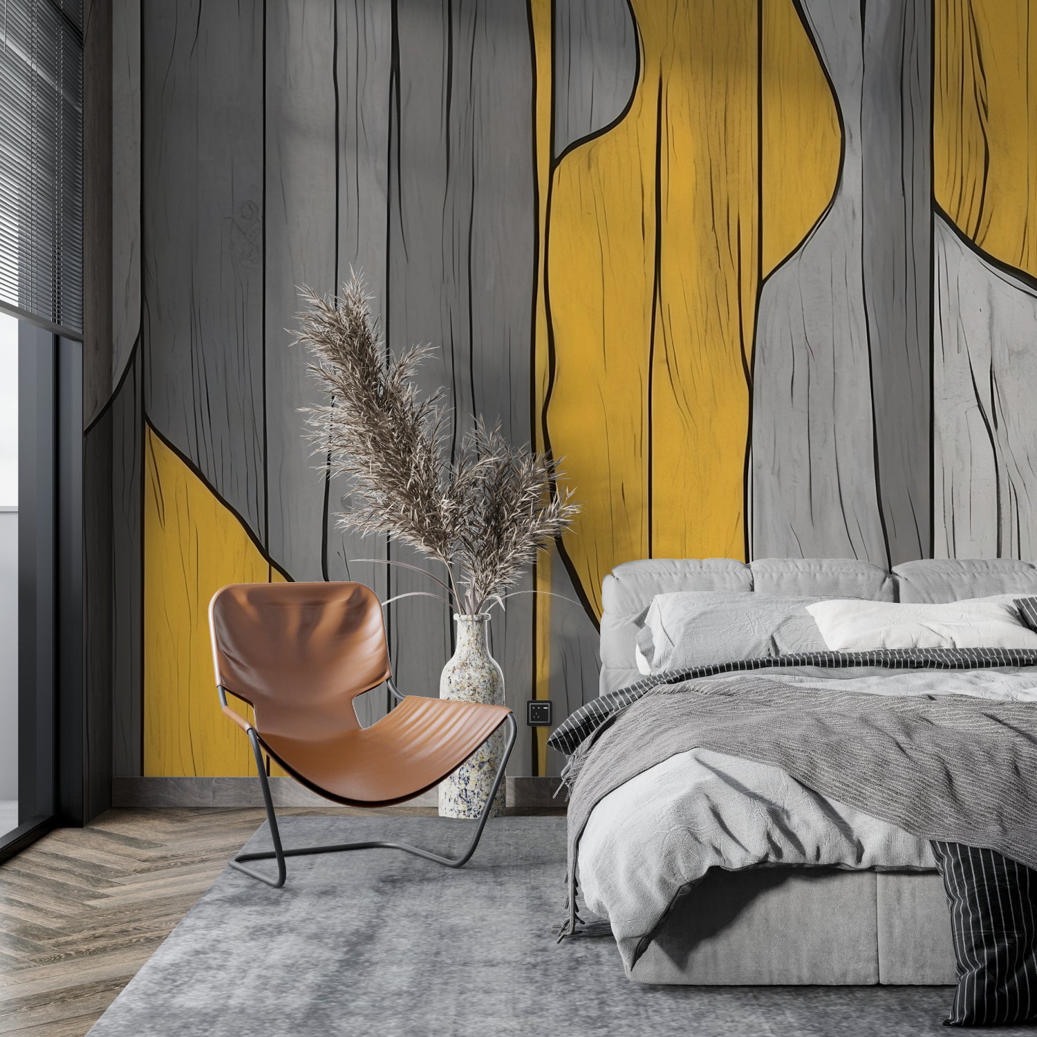 Abstract yellow and grey wall mural creating depth in a minimalist dining room