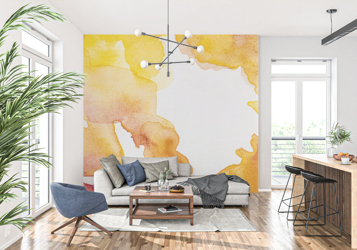 Yellow abstract watercolor wallpaper in bright modern living room setting