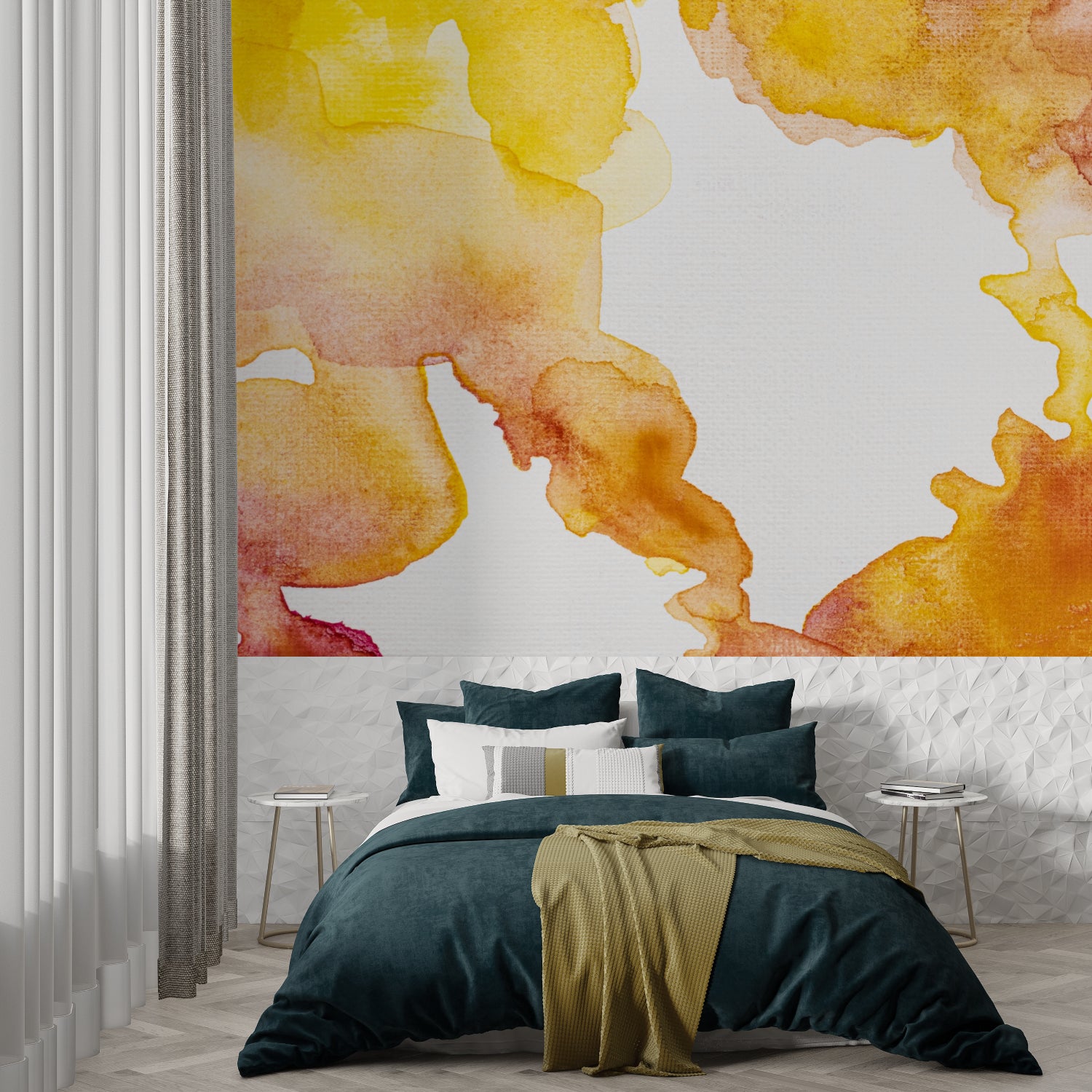 Abstract yellow and orange mural creating warm atmosphere in dining room
