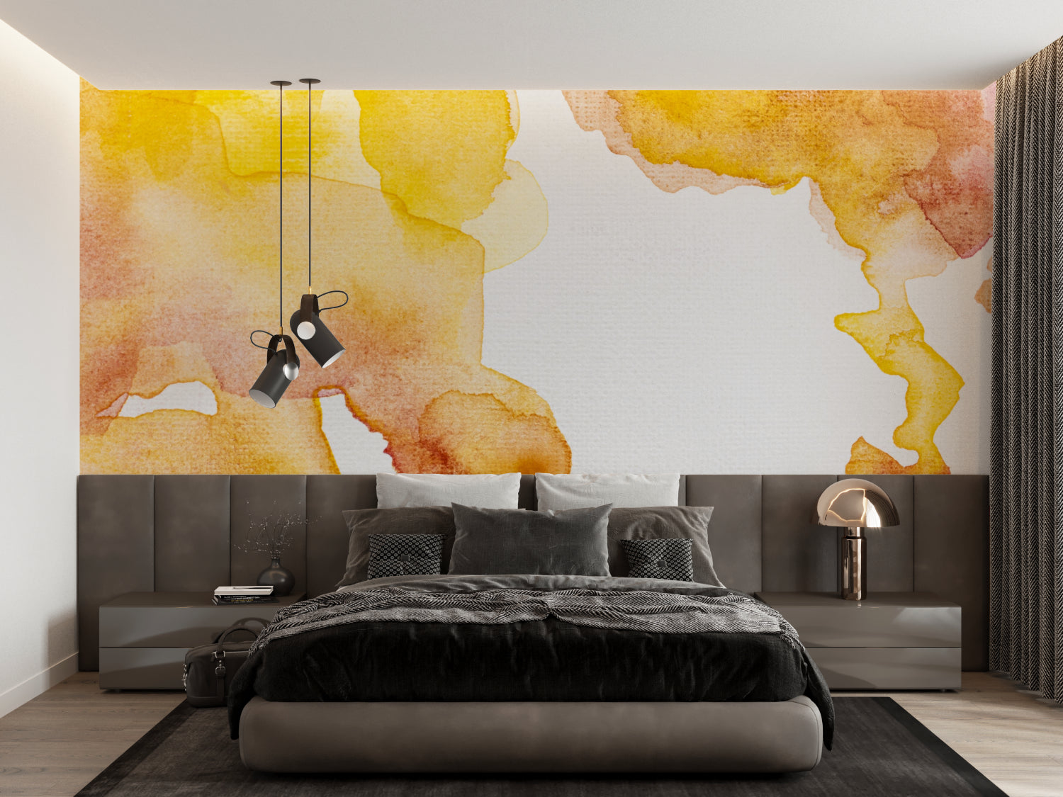 Modern yellow abstract wallpaper in contemporary bedroom setting