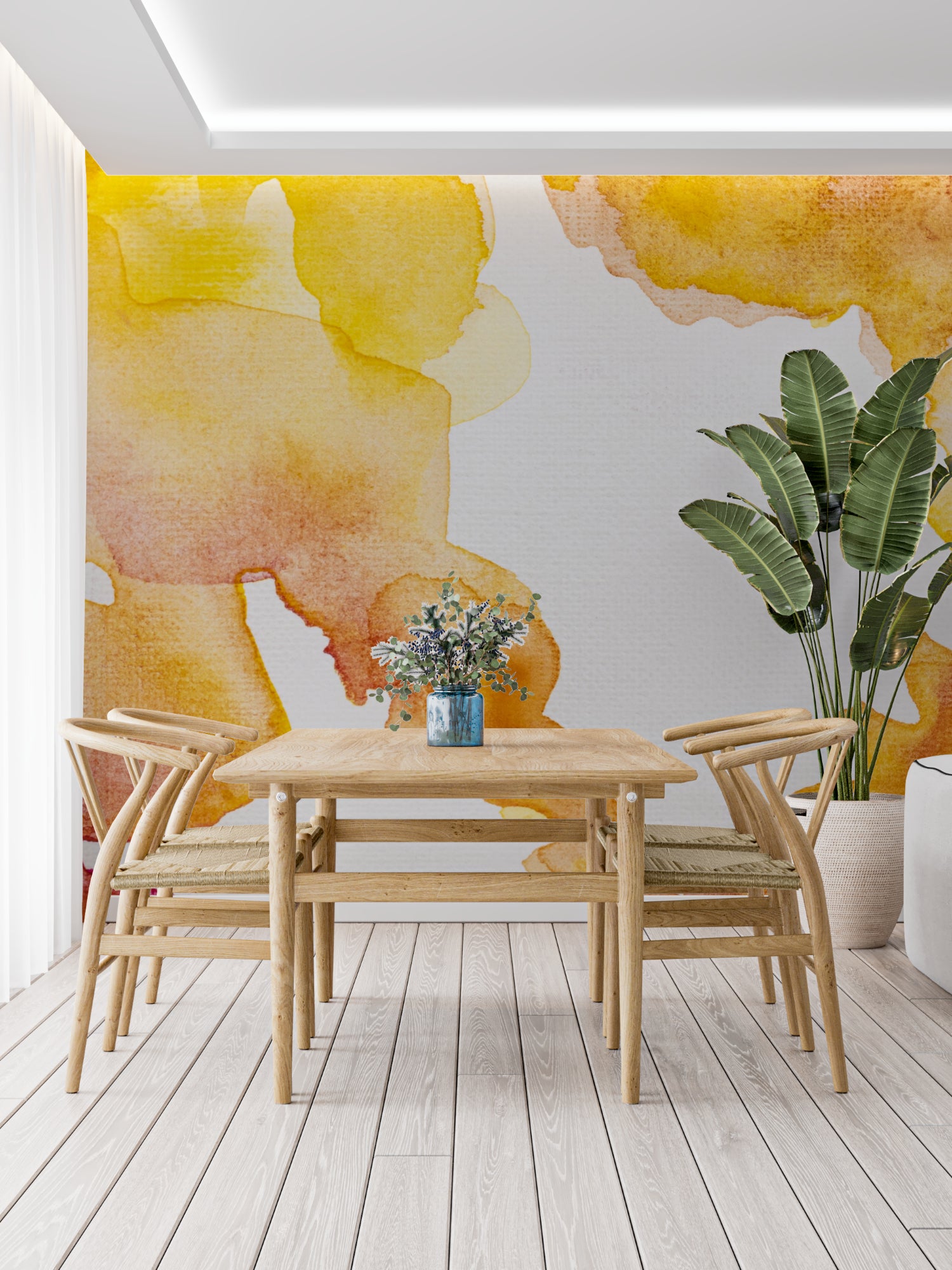 Abstract orange and yellow mural adding warmth to hallway space
