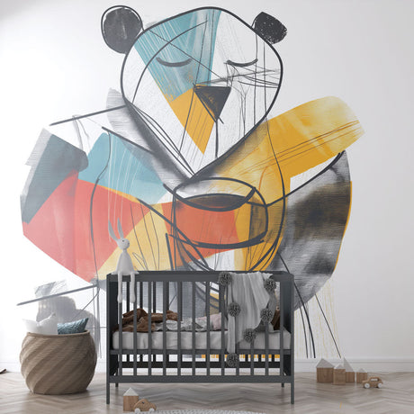 Modern geometric panda wallpaper creating a bold statement in a bright nursery with minimalist furniture