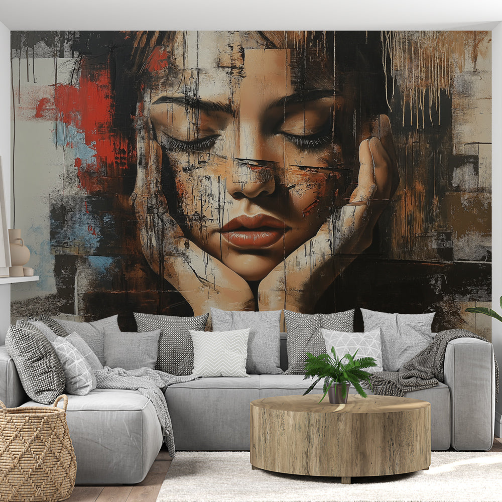 Abstract Portrait Wallpaper creating dramatic atmosphere in modern living room with red and black artistic expression