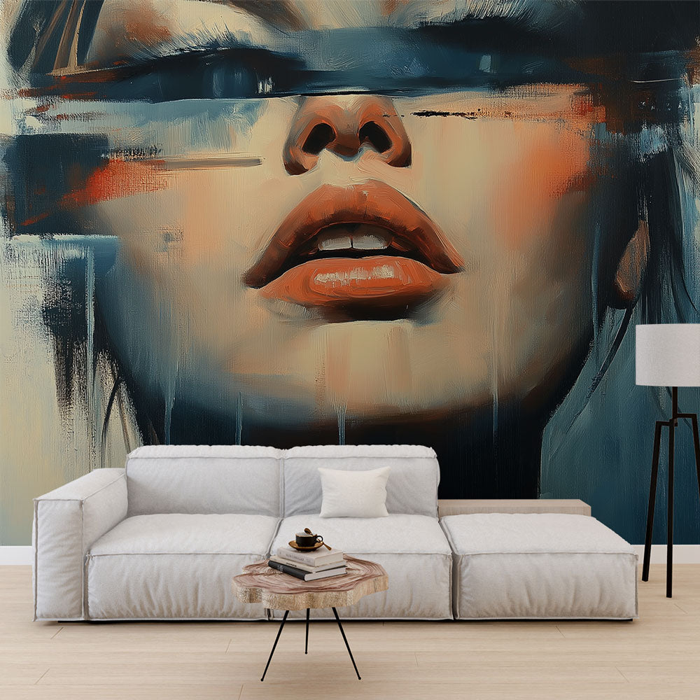 Modern Abstract Portrait Wallpaper creating a stunning focal point in a minimalist living room with blue and terracotta accents