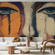Abstract portrait mural wallpaper bringing artistic flair to a modern living room with clean furniture and natural light