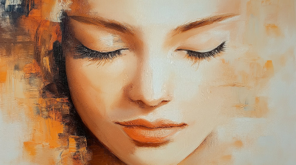 Abstract Portrait Wallpaper creating a stunning focal point in a modern living room with orange and beige tones