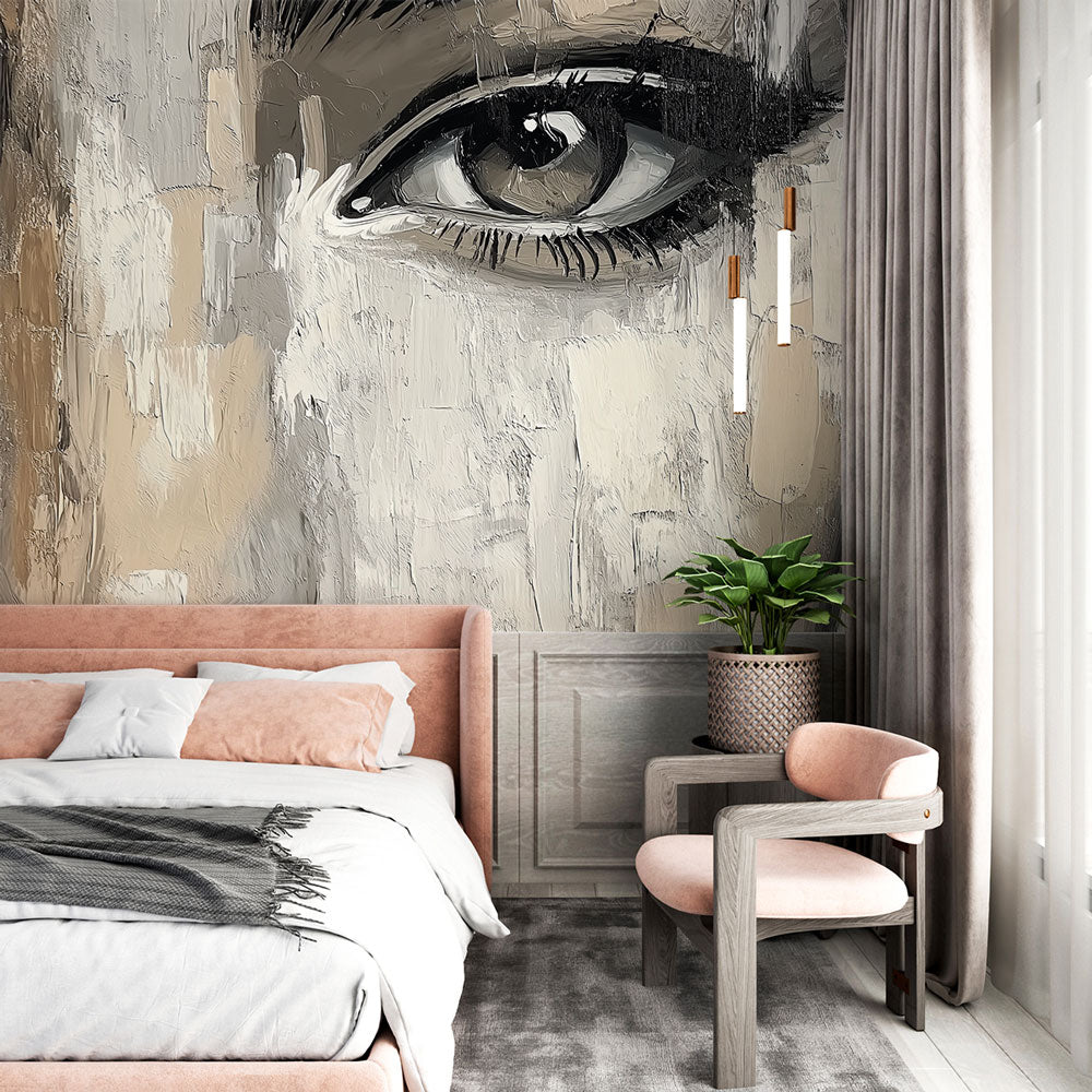 Abstract portrait mural wallpaper creating dramatic impact in a modern living room with neutral furniture