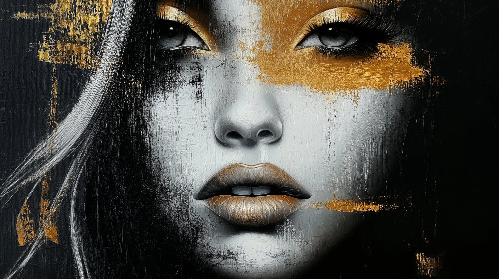 Abstract portrait wallpaper design file showing intricate black and gold artistic details