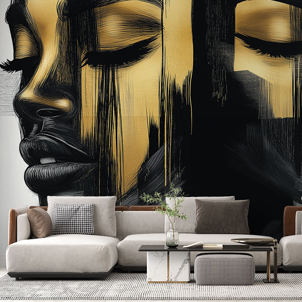 Abstract portrait mural wallpaper in modern black and gold styling creates dramatic impact in minimalist living room