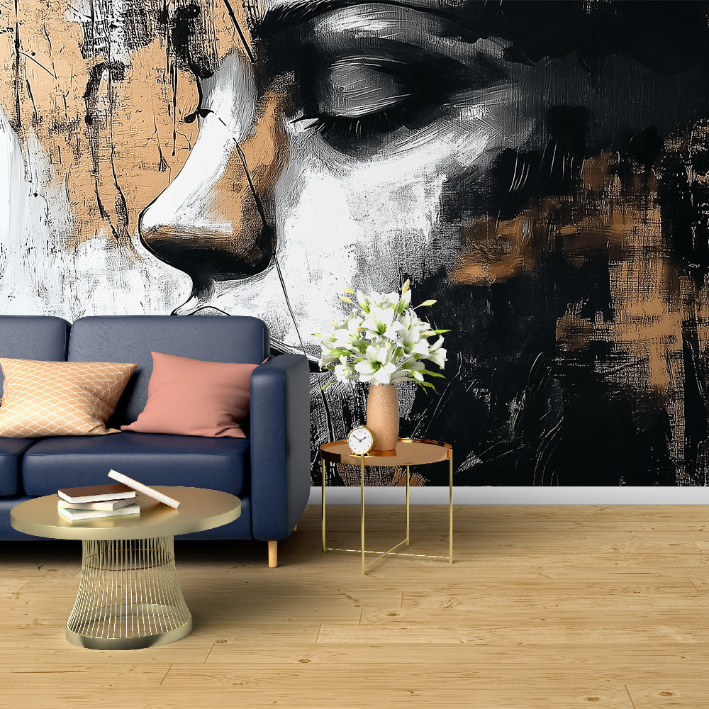 Modern Abstract Portrait Wallpaper displayed in a minimalist living room with black and gold accents