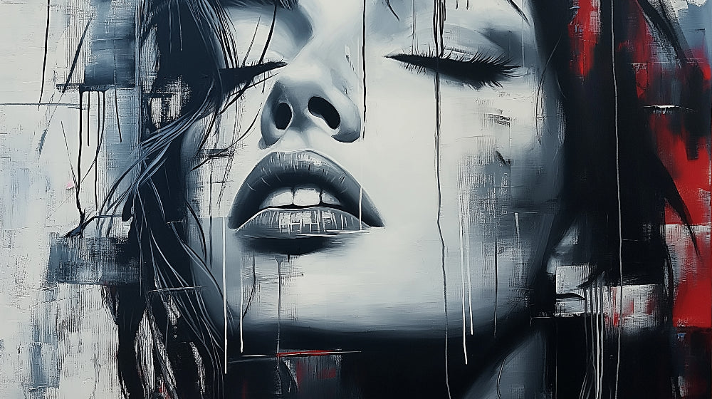 Abstract portrait design file showing detailed black and white artwork with vibrant red accent details