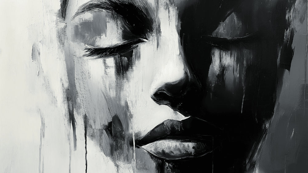 Abstract portrait wallpaper creating dramatic impact in modern living room with minimalist furniture and natural light