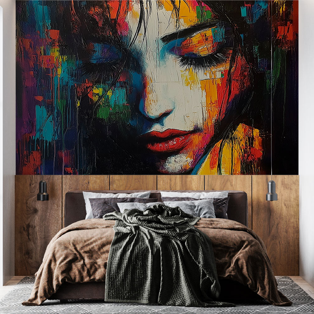 Abstract Portrait Mural Wallpaper creating a stunning focal point in a modern living room with clean furniture and natural light