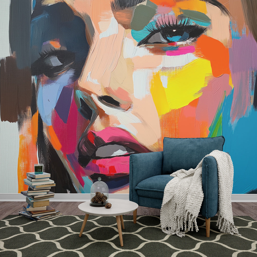 Abstract Portrait Wallpaper showcased in a modern living room with minimalist furniture and natural lighting