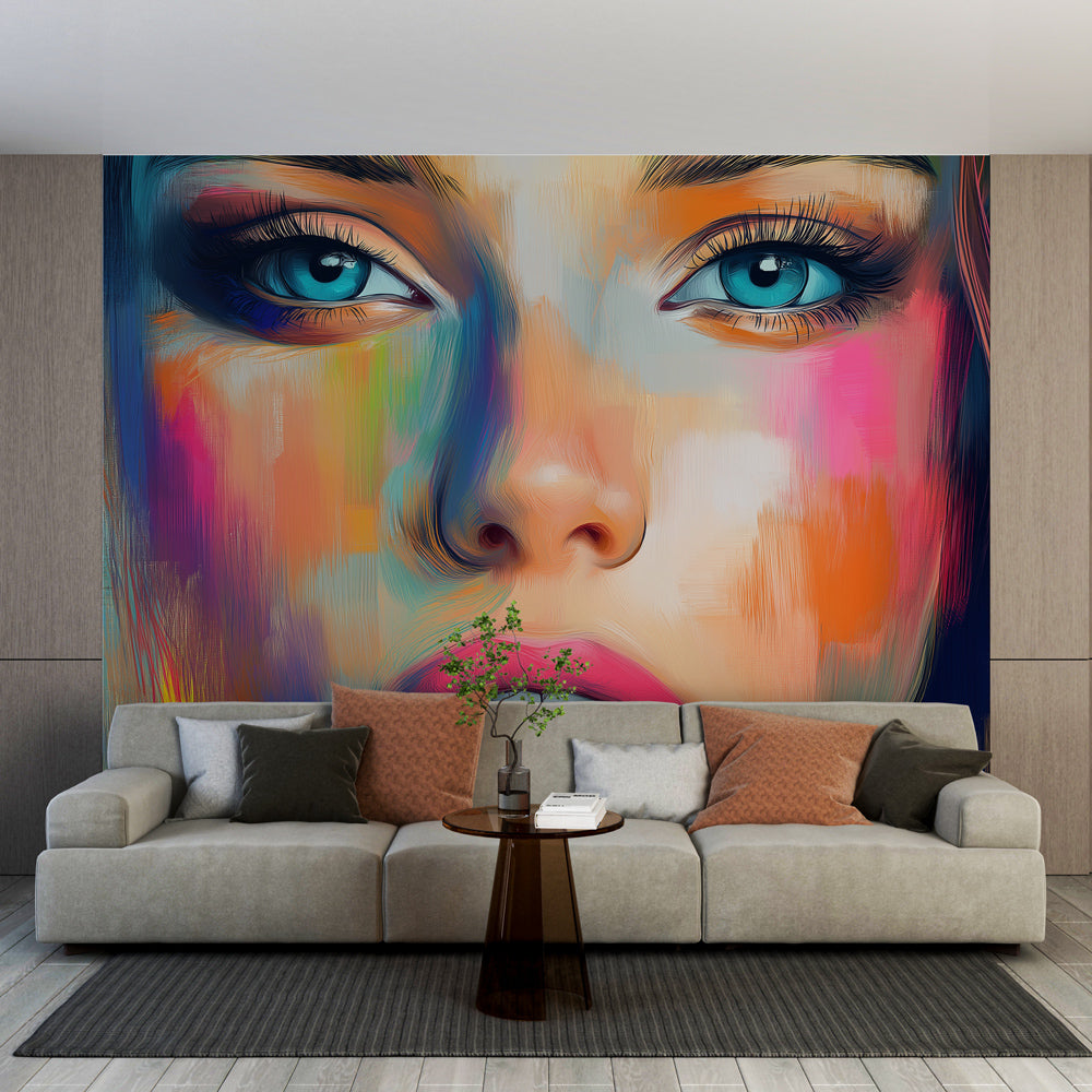 Abstract portrait wallpaper creating a stunning focal point in a modern minimalist living room with white furniture