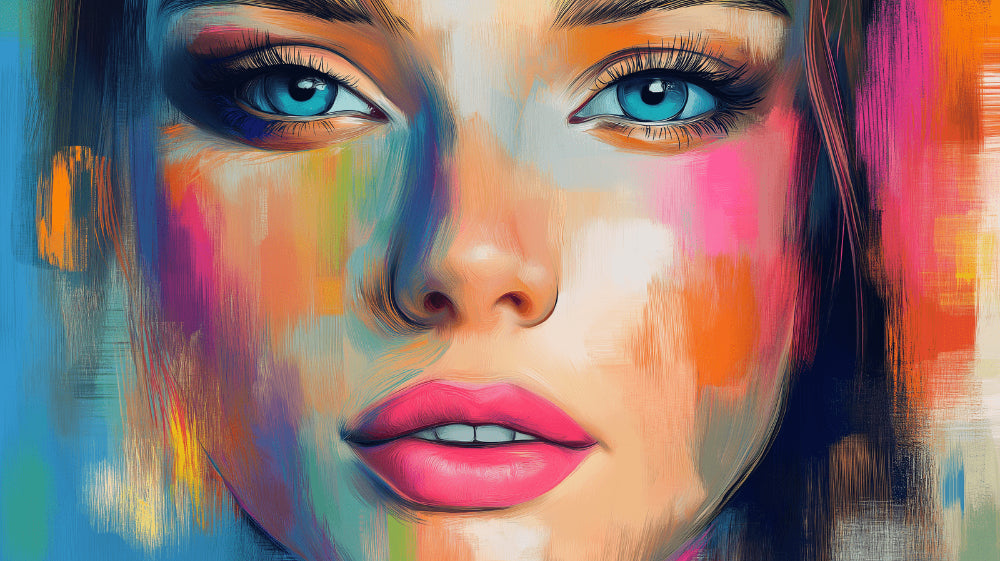 Abstract portrait design file showing vibrant turquoise eyes and flowing color composition