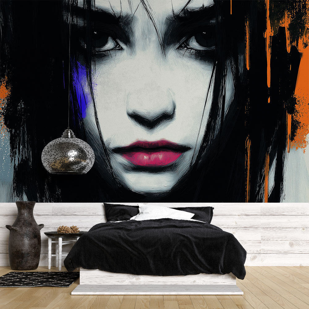 Abstract portrait wallpaper creating dramatic impact in a modern living room with black and orange art details