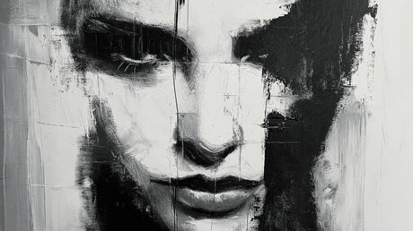 Black and white abstract portrait design file showing detailed brushstrokes and artistic expression