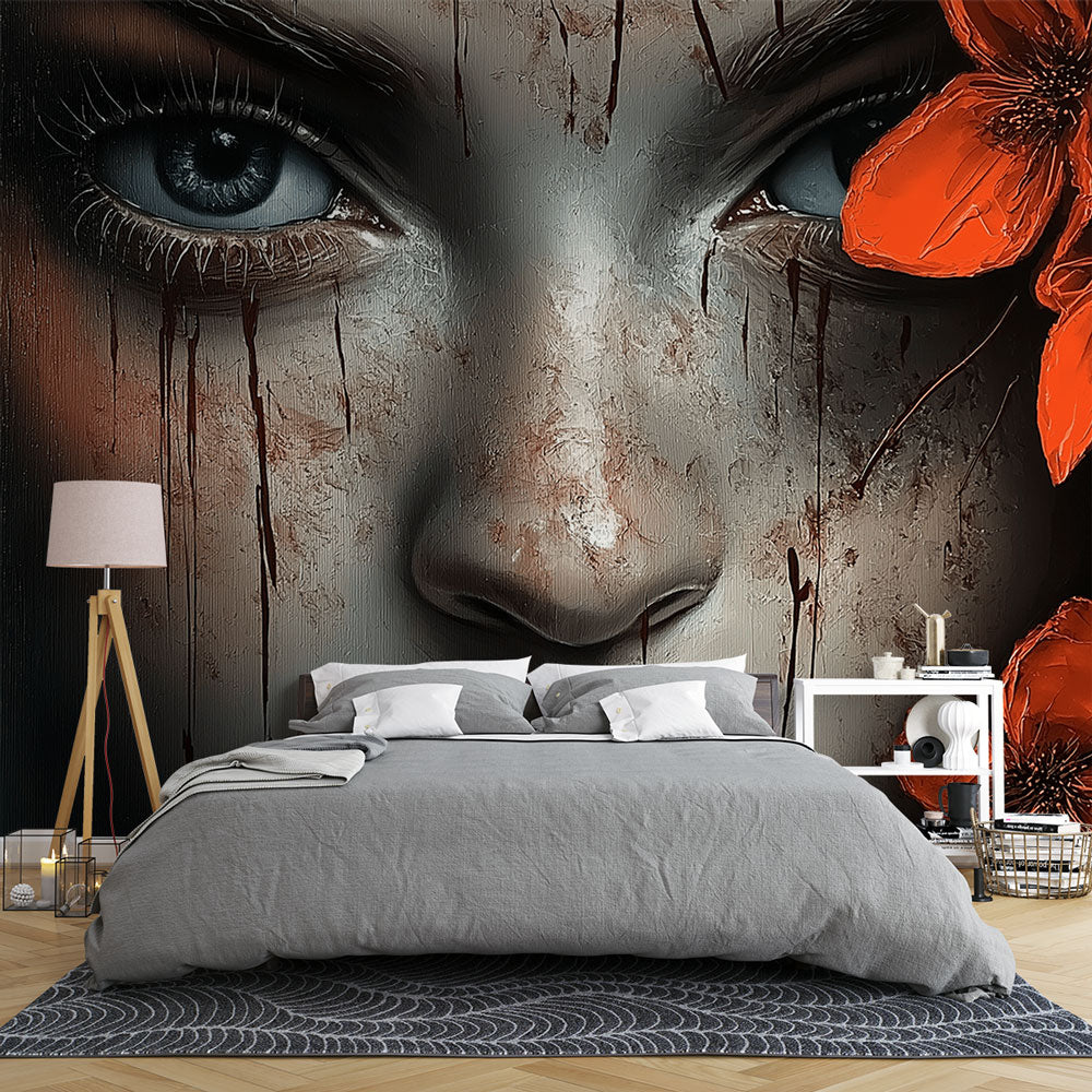 Abstract portrait wallpaper with orange blossoms shown in modern minimalist living room setting