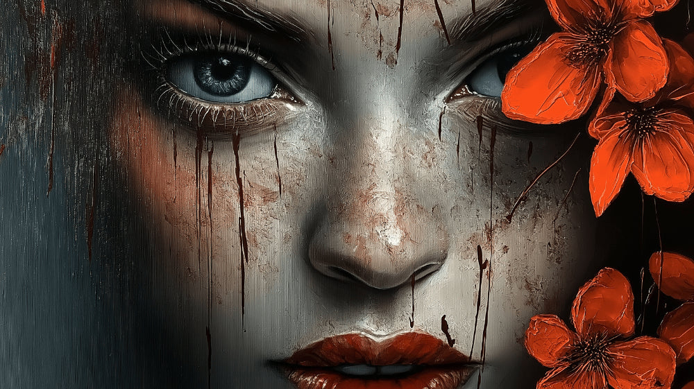 Abstract portrait design file showing dramatic face with orange blossom details