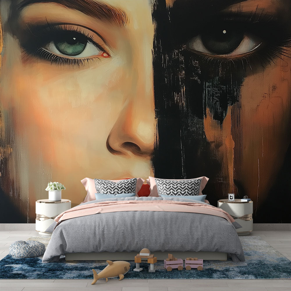 Abstract portrait mural wallpaper creating drama in a modern living room with minimalist furniture and natural lighting