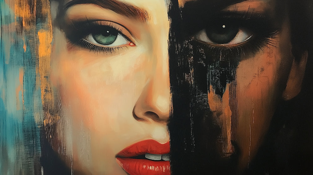 Abstract portrait design file showing detailed copper and turquoise brushstrokes on black background