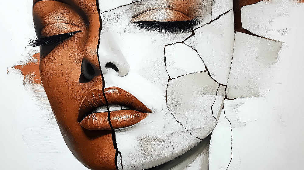 Abstract portrait wallpaper creating dramatic impact in modern living room, terracotta and white face design on feature wall