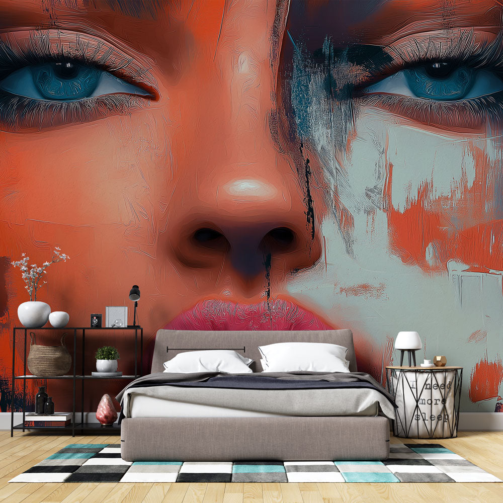 Abstract Portrait Mural Wallpaper creating drama in a modern living room, coral and teal tones pop against white furniture