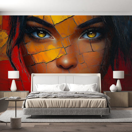 Abstract portrait wallpaper creating dramatic focal point in modern living room with golden lighting and minimal furniture