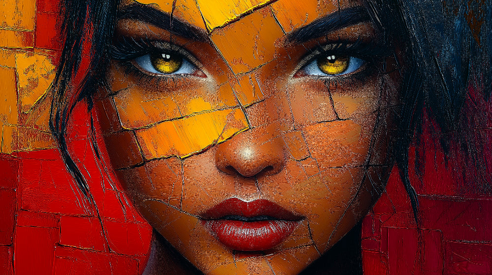 Design file of abstract portrait with golden eyes and red cracked texture pattern