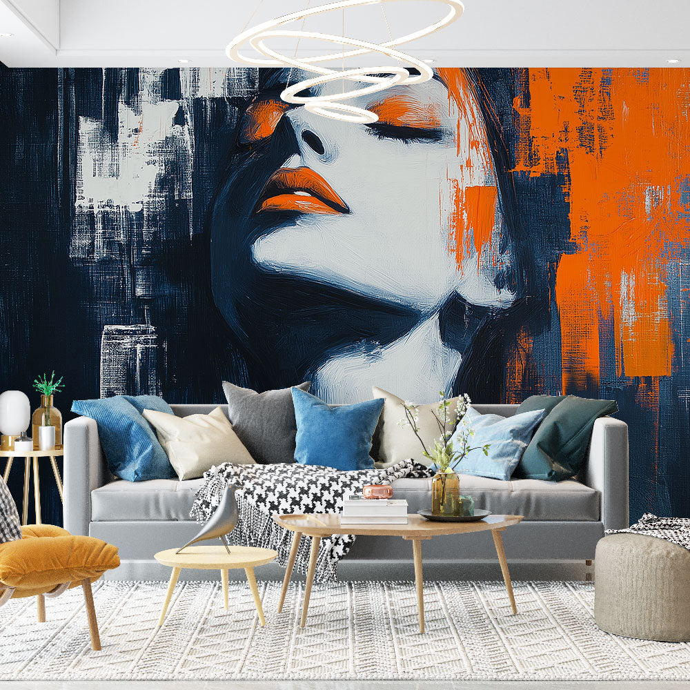 Modern abstract portrait wallpaper in blue and orange tones creating a dramatic focal point in a bright living room setting