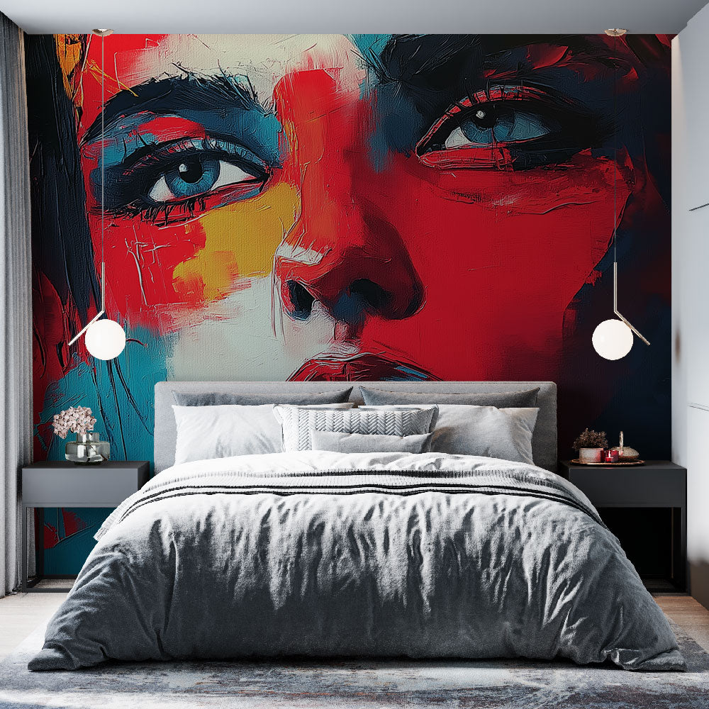 Modern abstract portrait wallpaper creating a bold statement in a minimalist living room with red and turquoise accents