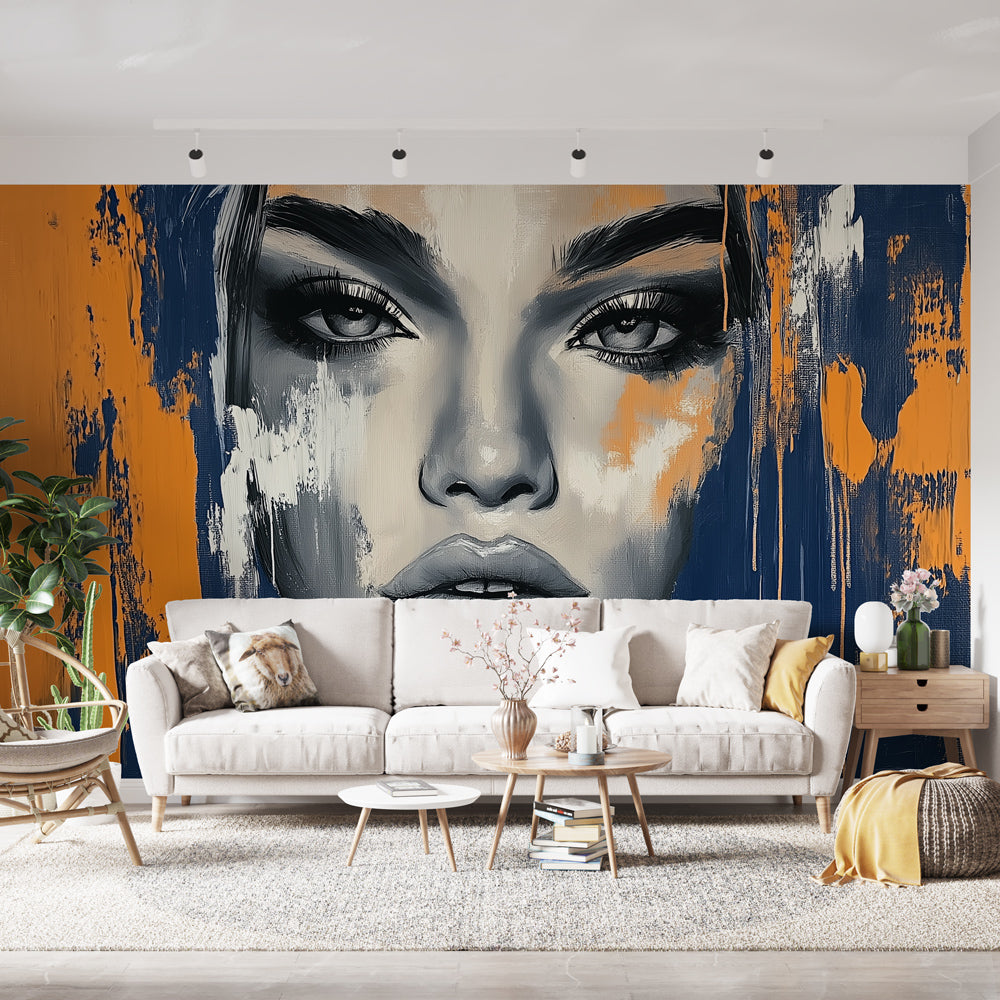 Modern Abstract Portrait Wallpaper creating a bold statement in a minimalist living room with navy and orange tones