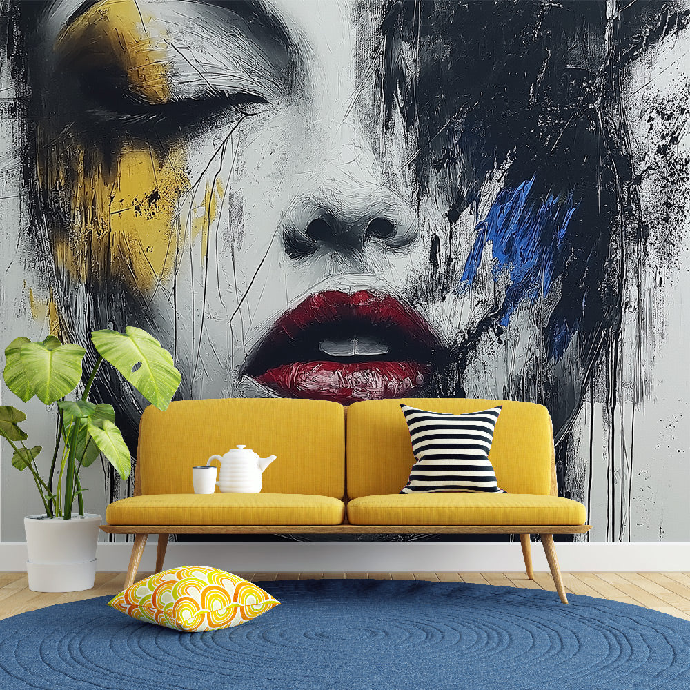 Modern Abstract Portrait Wallpaper with gold accents creating an artistic atmosphere in a minimalist living room