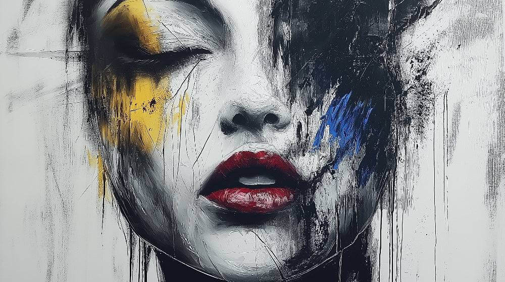 Abstract Portrait Wallpaper design file showing detailed gold and red accents on dramatic black and white artwork