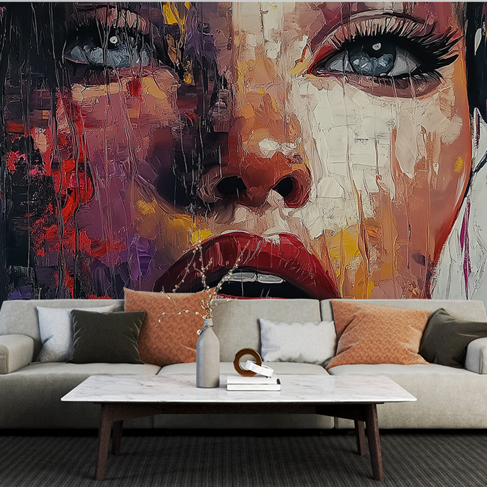 Abstract Portrait Mural Wallpaper creating drama in a modern living room with minimalist furniture and mood lighting
