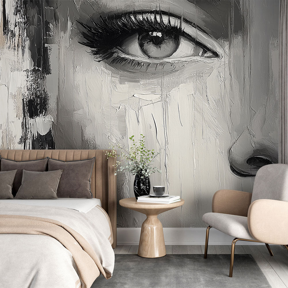 Modern living room featuring Abstract Portrait Wallpaper creating dramatic atmosphere with black and white artistic expression