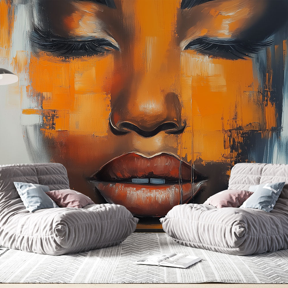 Abstract Portrait Mural Wallpaper creating dramatic impact in modern living room, orange and black face art on feature wall