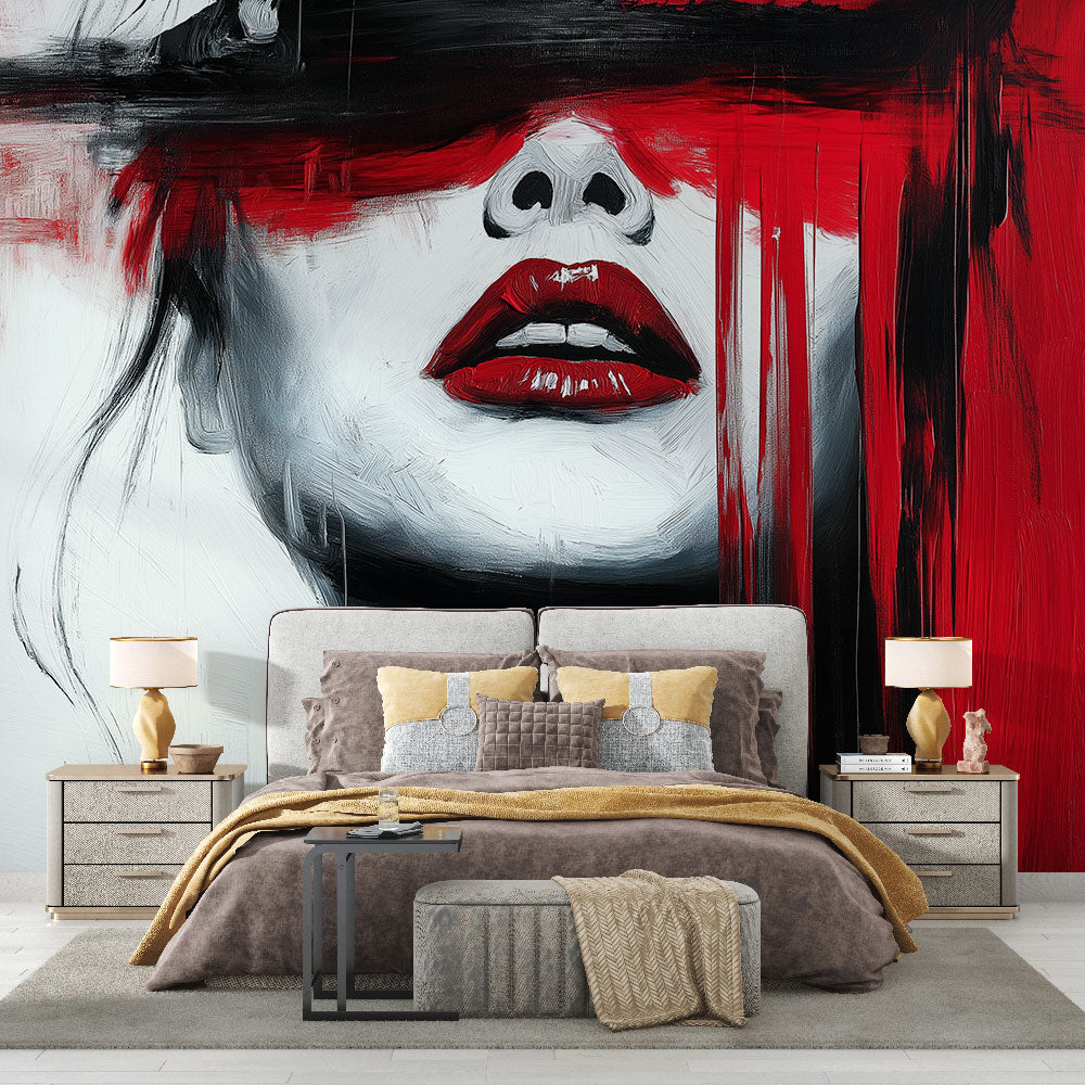Abstract Portrait Wallpaper creating a bold statement in a modern living room with red and black artistic elements