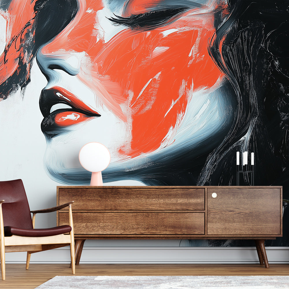 Abstract portrait wallpaper mural creating a stunning focal point in a modern living room with minimalist furniture