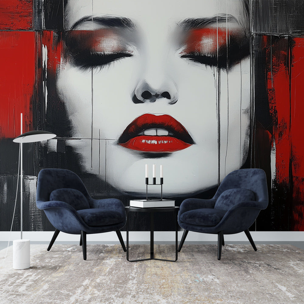 Abstract Portrait Mural Wallpaper creating dramatic impact in modern living room with red and black artistic design
